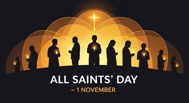 Silhouettes of people holding candles under a glowing cross, commemorating All Saints' Day on November 1st.