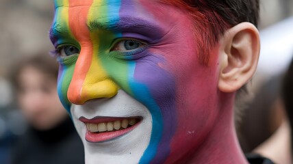 Person smiles with rainbow face paint. Represents LGBT pride, joy, diversity. Use for social issues, design, marketing, or editorial content.