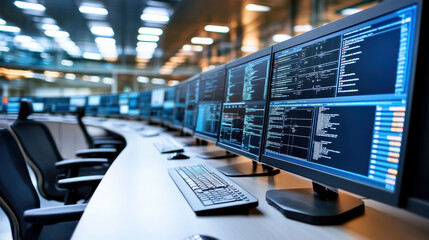 High tech control center with multiple monitors displaying data and code