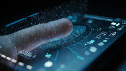 Macro shot of a futuristic fingerprint scanner, glowing digital lines mapping the ridges of a thumbprint, biometric authentication, identity verification, high-tech interface - Powered by Adobe