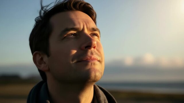 Man looking toward the sky during golden hour with open space above