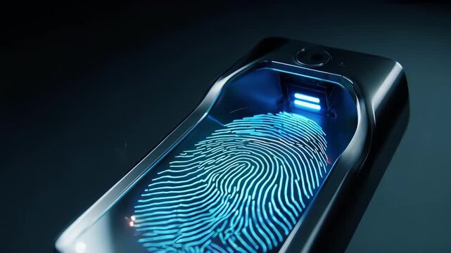 Macro shot of a futuristic fingerprint scanner, glowing digital lines mapping the ridges of a thumbprint, biometric authentication, identity verification, high-tech interface