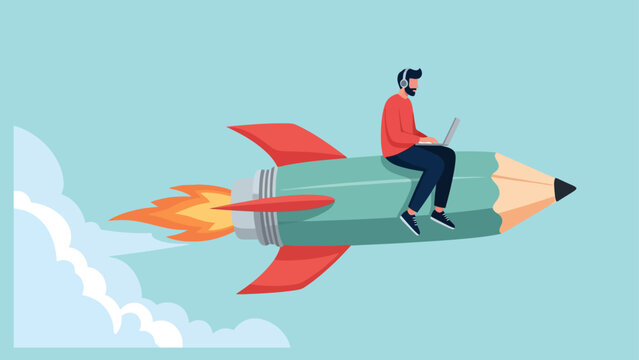 A flat design illustration shows a man in headphones sitting on a pencil rocket, soaring through a light-blue sky.
