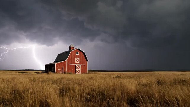 Dramatic Lightning Strikes Near an Isolated Red Barn in a Wide, Golden Prairie Field Under Dark Storm Clouds