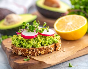 Healthy avocado toast with radish and sprouts