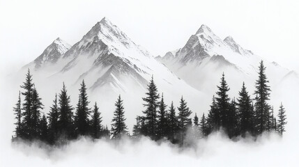 Snowy mountain range with pine trees