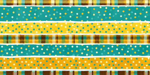 Bright teal, yellow, and orange striped seamless background with alternating plaid and polka dot patterns in a playful scrapbook style