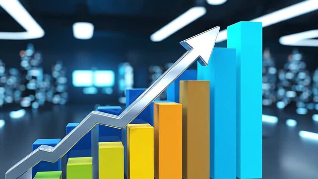 Cinematic 3D infographic showing success arrow rising through layered bar charts with smooth motion   