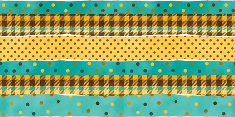 Seamless teal and yellow polka dot and plaid striped pattern background