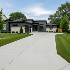 Fototapeta premium A modern, contemporary house with a light gray concrete driveway and manicured lawn.