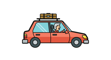 Cartoon illustration of a person driving a vintage-styled car with luggage on the roof, ready for an adventure and exploration trip