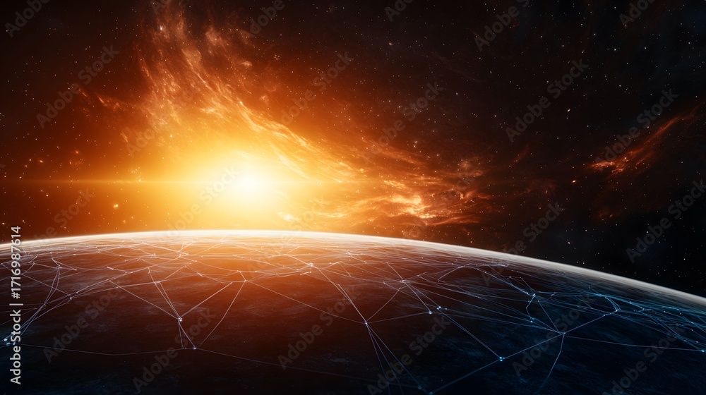 Poster the image showcases a planet-like sphere with a complex network of lines over its surface, contraste