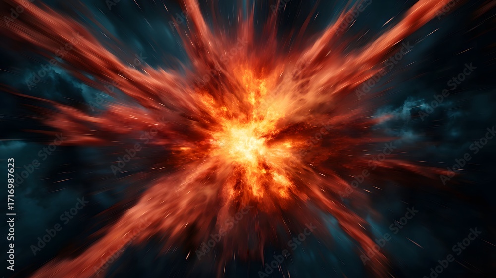 Poster the image features a vibrant explosion of fiery orange and red emanating from a central point, set a