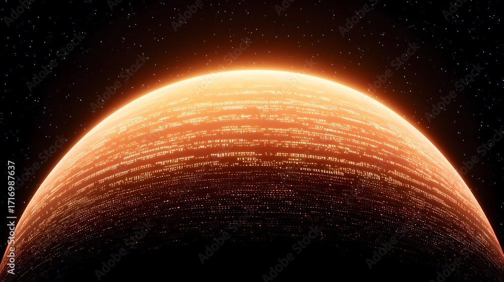 Poster the image showcases a rendered planet in space, adorned with glowing patterns resembling city lights