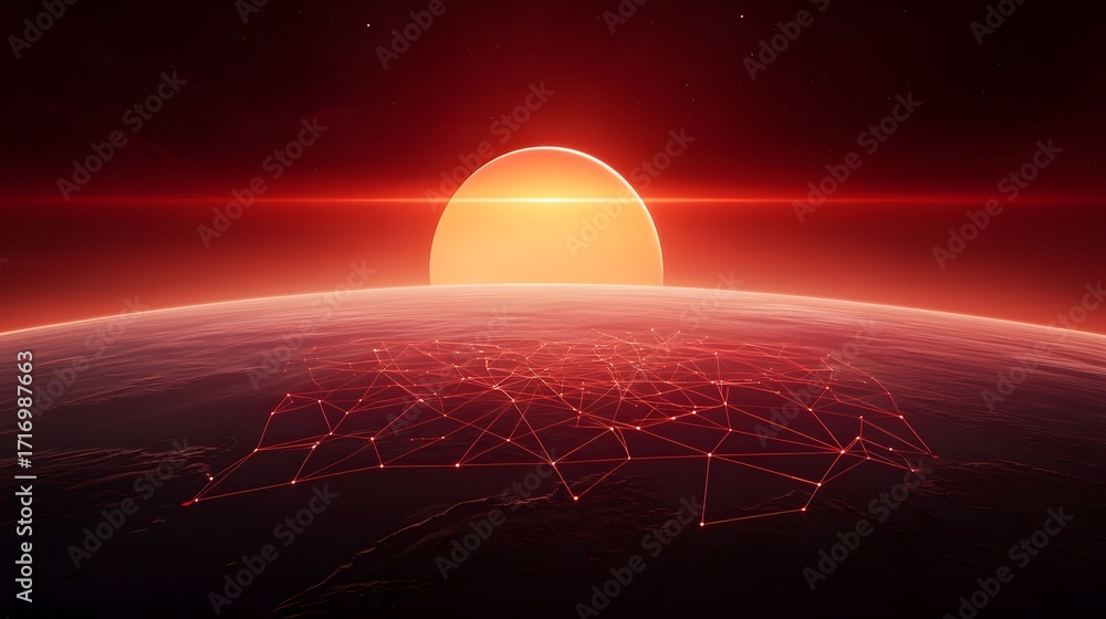 Poster the image shows a planet with a glowing network spanning its surface, set against a red sky with a b