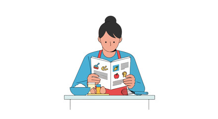 Home baker explores culinary recipes from open book, preparing ingredients at kitchen table ready to begin baking something delicious and exciting