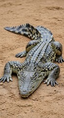 Obraz premium A large crocodile rests on a sandy ground, showcasing its distinctive scales and powerful build.