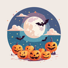 Spooky Halloween Scene Jack-o'-lanterns, Bats, and the Moon Under a Night Sky Celebration