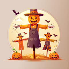 Whimsical Halloween Scarecrows with Pumpkin Heads in an Autumn Field - Festive Seasonal Illustration for Harvest Celebrations