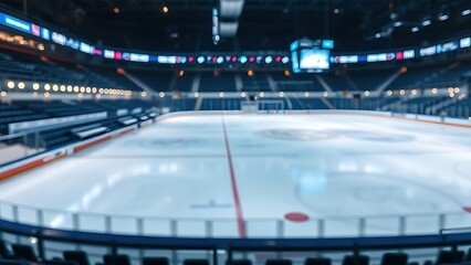 Empty hockey rink with cold blue lighting reflecting on the ice, creating an atmospheric and serene mood.