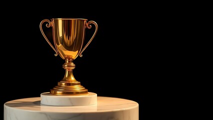 A golden trophy gleaming on a marble stand under warm spotlight, set against a dark elegant background.