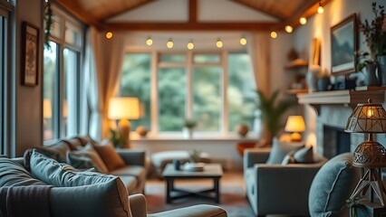 Cozy living space with warm lighting and comfortable seating, evoking a relaxed and inviting atmosphere.