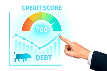 A hand points to a credit score of 700 on a graph with a bull representing debt, isolated on white background the graph shows the score and debt
