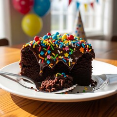 A delightful slice of chocolate cake, dripping with colorful sprinkles and frosting, is ready to be enjoyed.