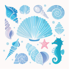A beautifully illustrated collection of blue seashells, a seahorse, and a starfish representing aquatic marine life