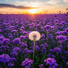 Fototapeta premium Dandelion in Blooming Lavender Field at Sunset