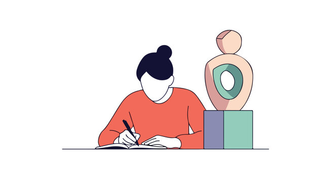 Faceless muse crafting narrative inspiration, artist jotting notes adjacent a modern sculpture, a blend of creativity and artistic endeavor