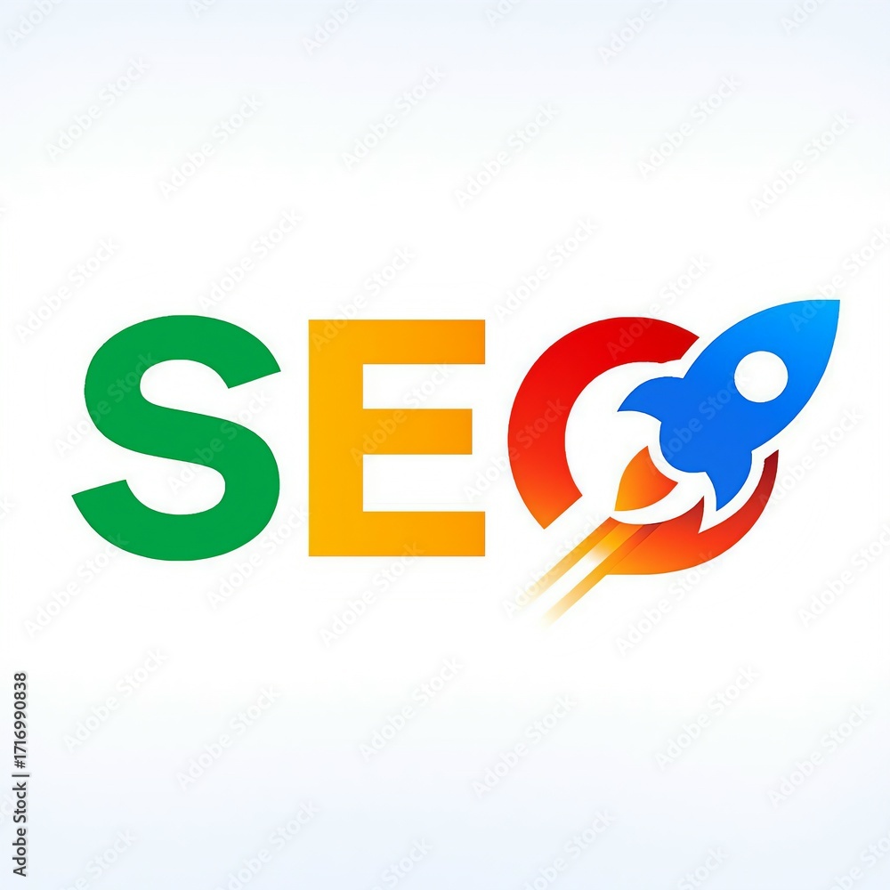 Poster seo text with a rocket launching from the letter o symbolizing rapid growth and success in search en