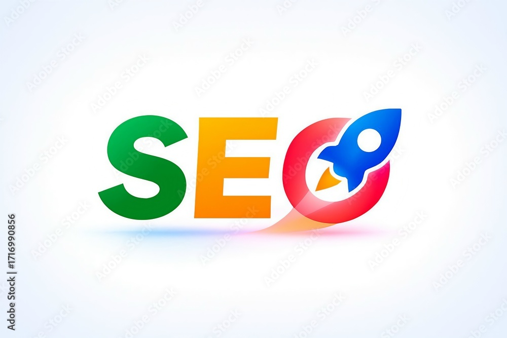 Poster seo rocket launching upwards symbolizing growth and success in search engine optimization strategies