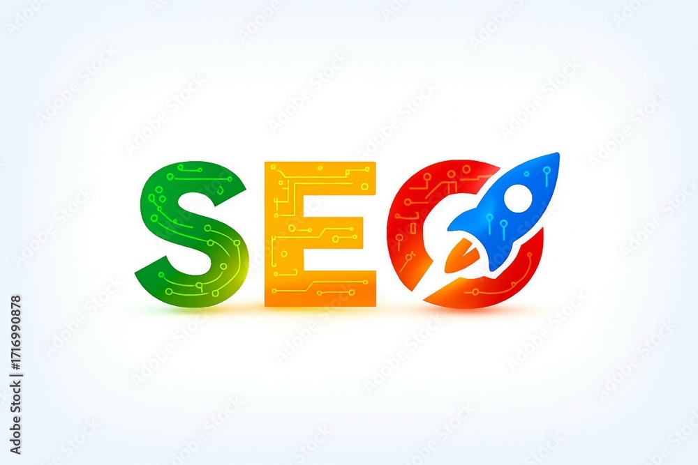Poster colorful seo letters with a rocket launching from the o symbolizing growth and success in search eng