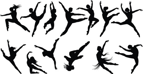 Stylized Dance Silhouettes Vector Featuring Expressive Human Poses, Leaps, Spins, and Extensions on White Background for Motion and Performance Themes