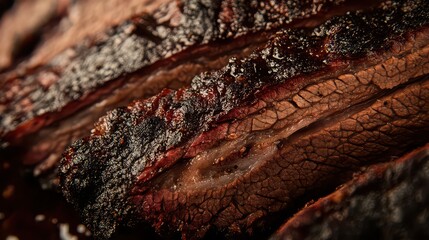 Close up of sliced smoked beef brisket with dark crust and juicy meat