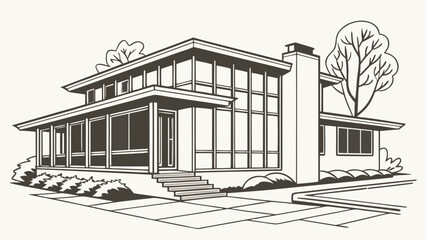 Modern architectural house with large windows and a chimney a beautiful design.