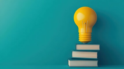 Creative concept featu a yellow lightbulb with a smooth rounded shape placed on top of four stacked books against a vibrant turquoise background symbolizing ideas and innovation in education