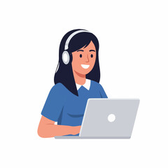 Smiling Woman Wearing Headphones Using Laptop Computer Blue Dress.