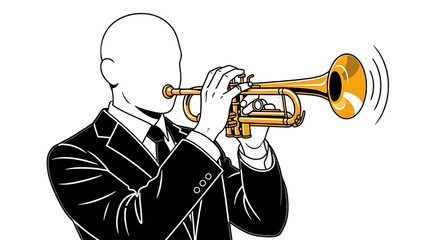 Illustration of a person playing the trumpet with sound waves, isolated on white