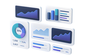 Futuristic 3D Web Dashboard with Floating Charts and Analytics Data