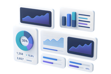 Futuristic 3D Web Dashboard with Floating Charts and Analytics Data