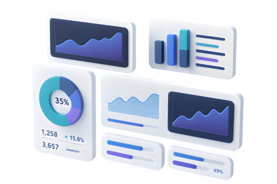 Futuristic 3D Web Dashboard with Floating Charts and Analytics Data