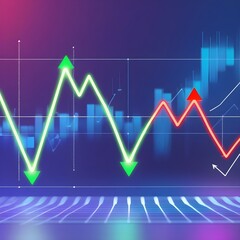 Naklejka premium A highly stylized financial chart with prominent green and red arrows indicating significant upward and downward market movements. The chart lines are dynamic and fluid, set against a blurred, abstrac