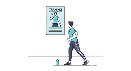 Illustrated character in training attire jogging past a fitness program poster motivational wellness routine exercise schedule healthy lifestyle