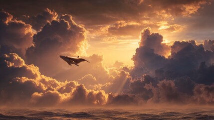 Obraz premium Flying craft through cloudscape sunset