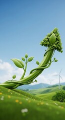 A vibrant, stylized representation of a stylized plant reaching upward, against a backdrop of rolling hills and a clear sky, conveying a sense of growth and sustainability.