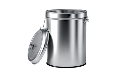 shiny metal trash can with open lid on white background