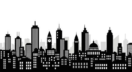 Obraz premium Black and White Urban Cityscape Silhouette, Panoramic City Building Silhouette Vector Background, Modern Metropolis Skyline with Skyscrapers and Towers