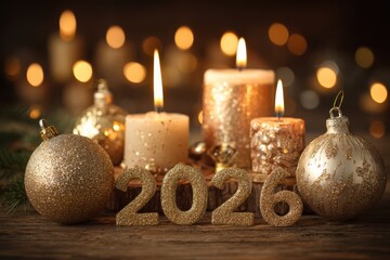 A cozy and festive background featuring a group of candles and ornaments arranged on a wooden table. The warm lighting and decorative elements create a welcoming and festive atmosphere.